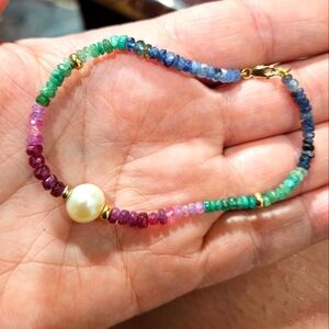 14 K Gold Ruby Sapphire Emerald Multicolor Gemstone Bracelet with Pearl Accent